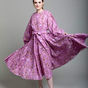 Rhode Resort Devi Puff Sleeve Midi Dress Pink Eden Large *no belt